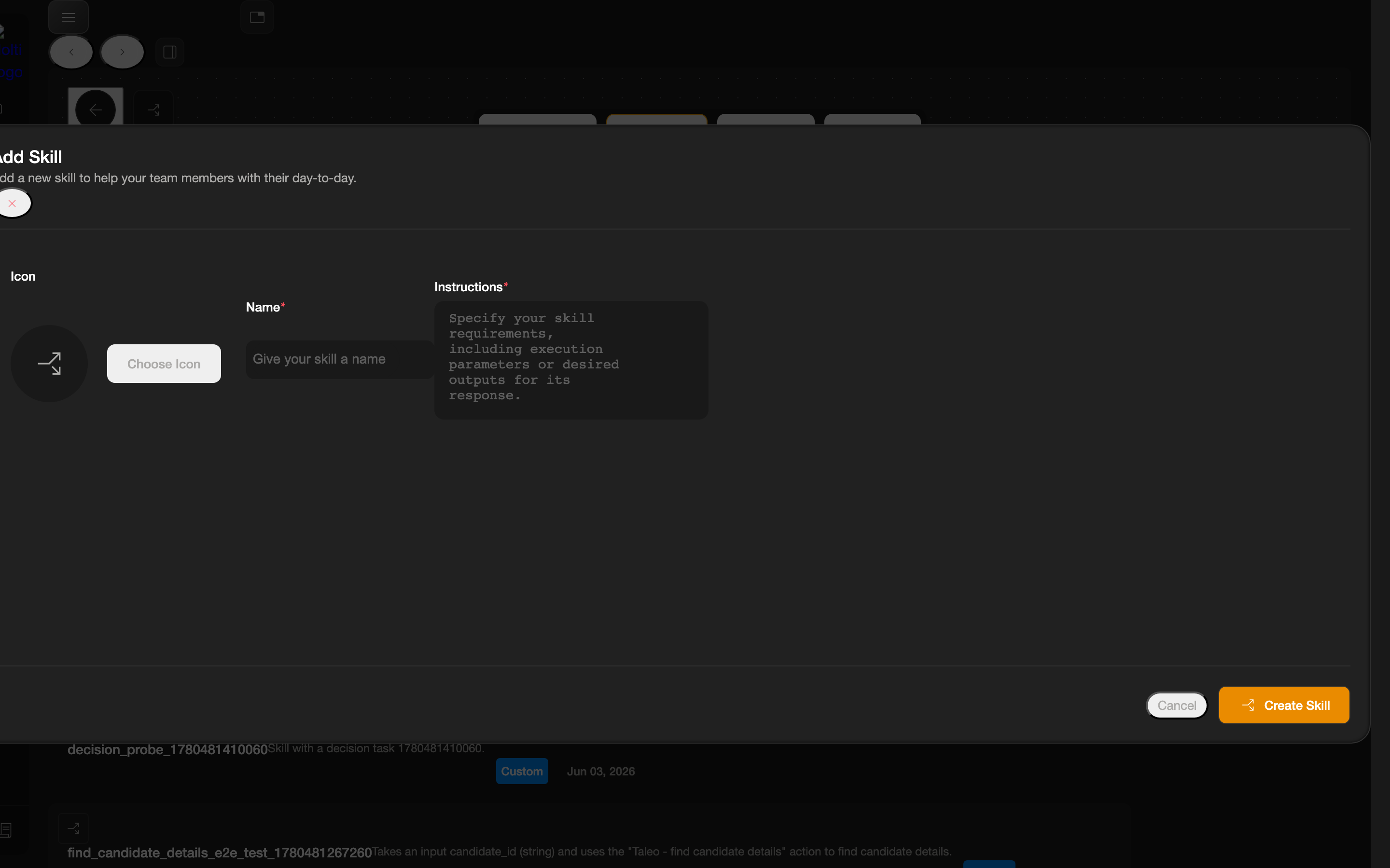 The Add Skill dialog with Name and Instructions