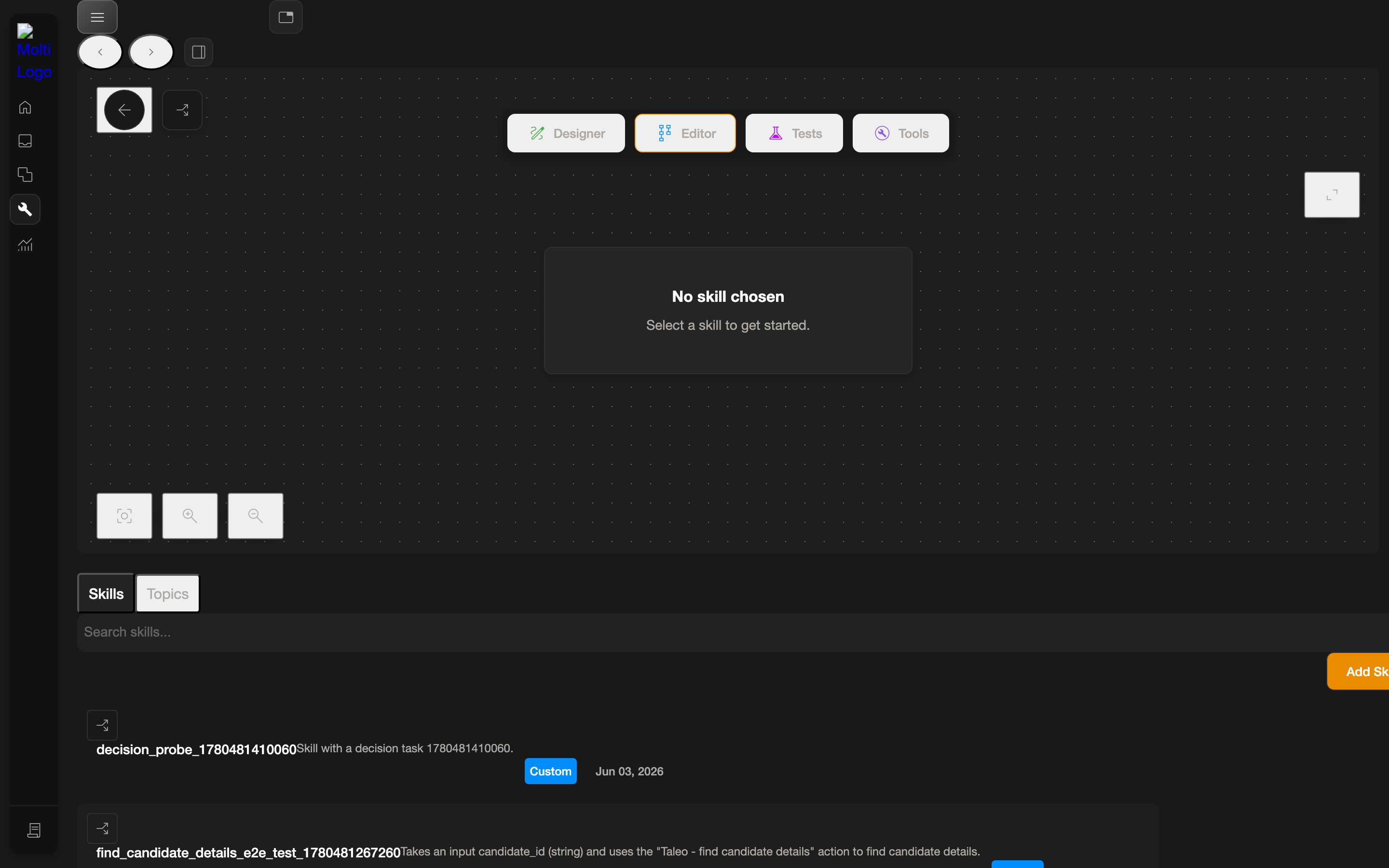 The agent Editor with the skills list and task canvas