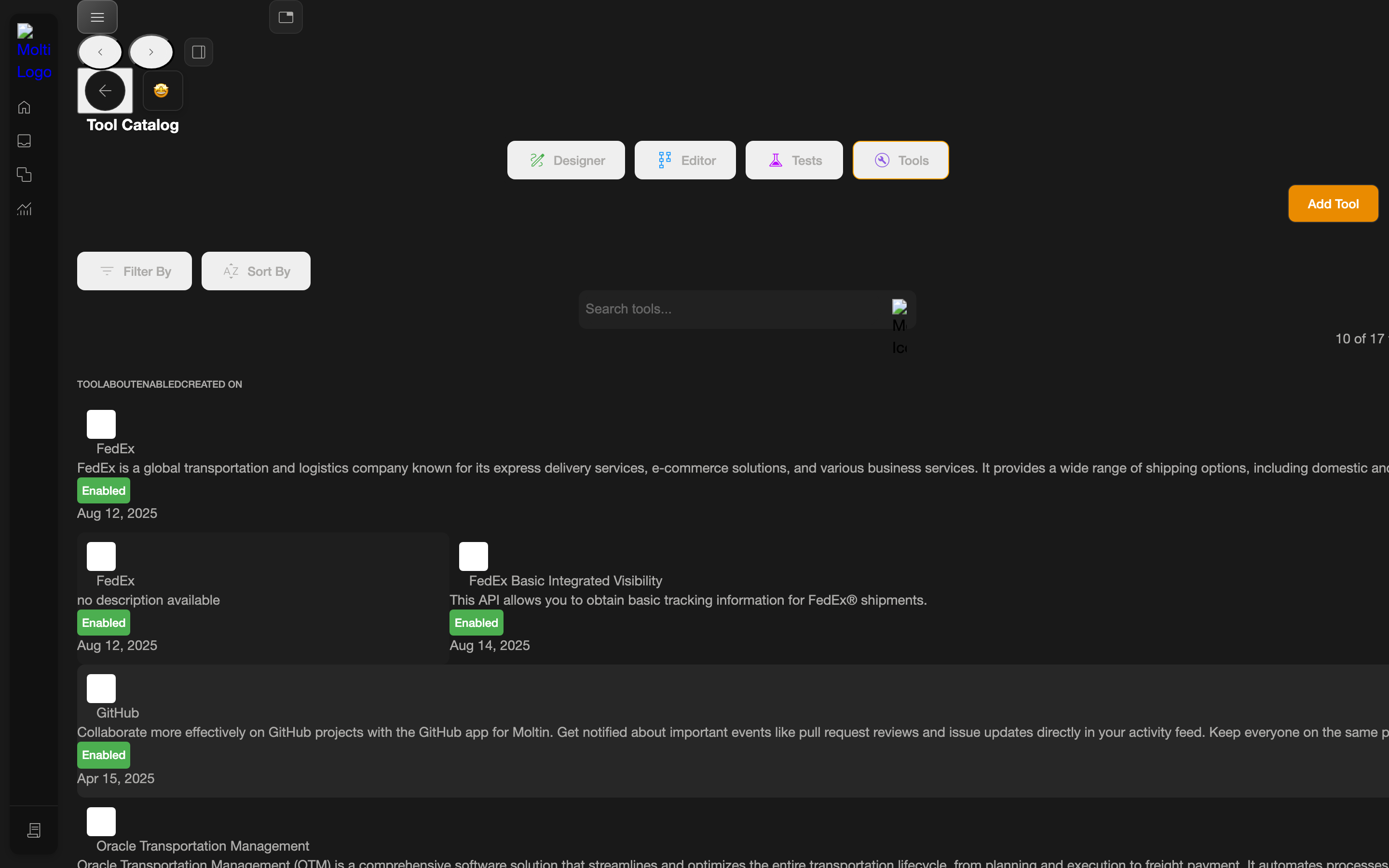 The Tools tab with Add Tool